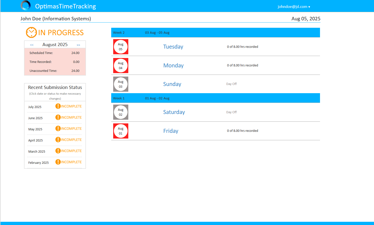 Optimas Time Tracker Home Screen